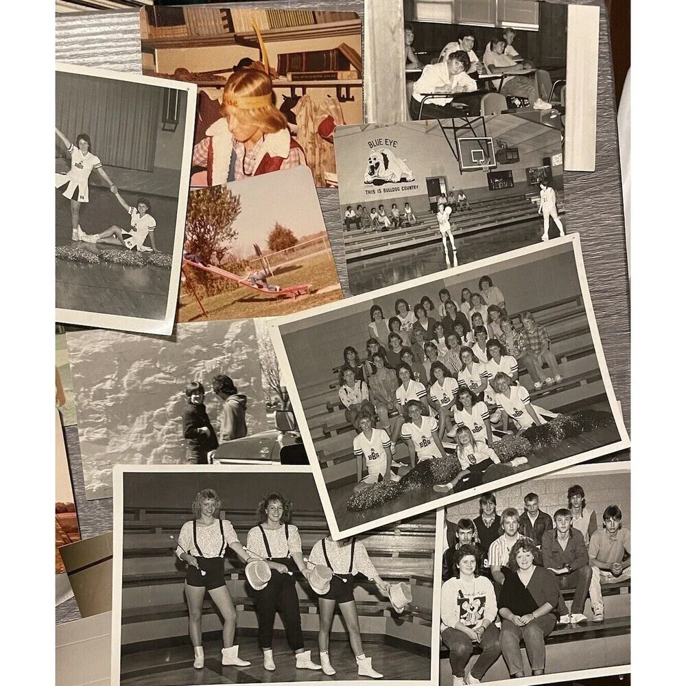 23 School Yearbook Photos w/Tags 1980’s B&W and Color Sports Cheerleading Band
